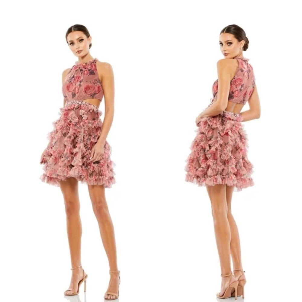 Mac Duggal Floral Ruffle Cutout Halter Neck Cocktail Dress Size 4